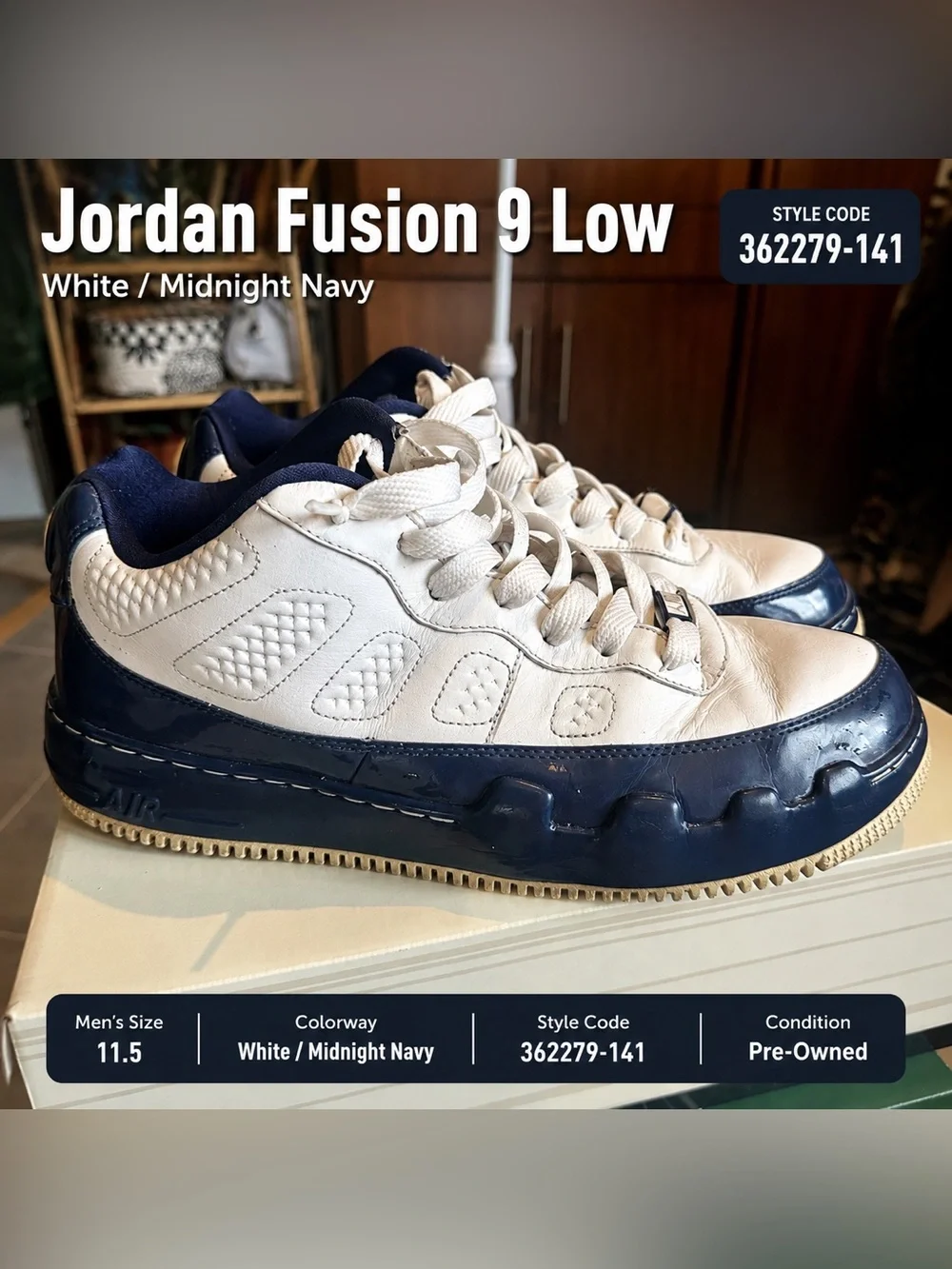 Jordan Fusion 9 Low White Midnight Navy Sneakers Men’s 11.5 362279-141